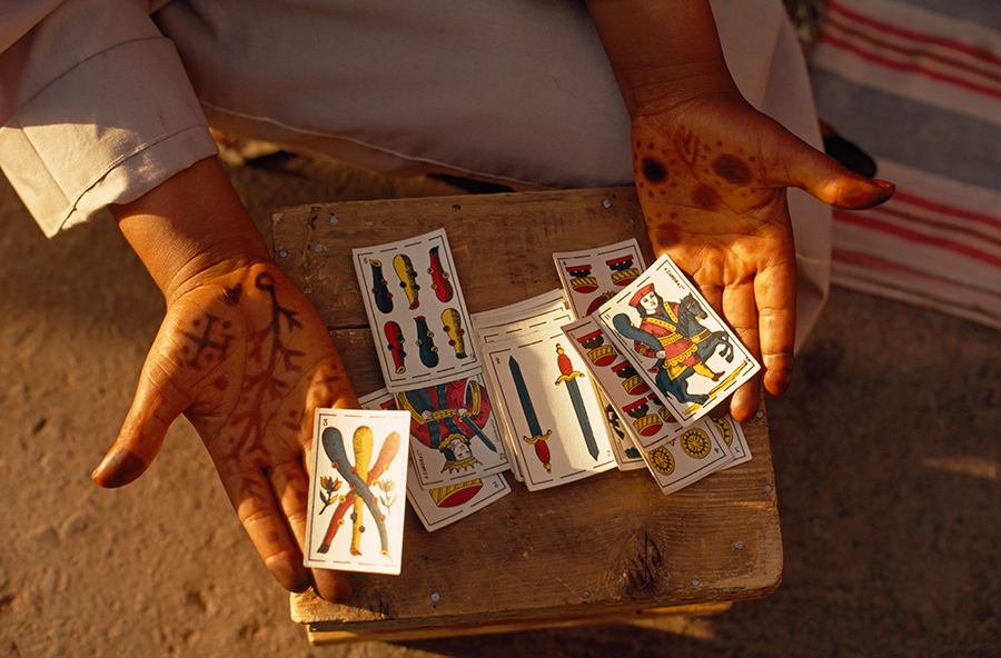 A fortune teller displays her cards in Jemaa el Fna square in Marrakesh, Morocco, June 1971