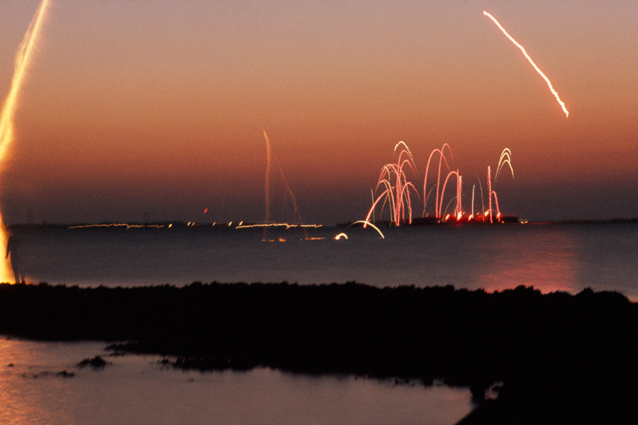 A long exposure reveals cannonballs’ paths in a battle reenactment near Charleston, South Carolina, April 1961