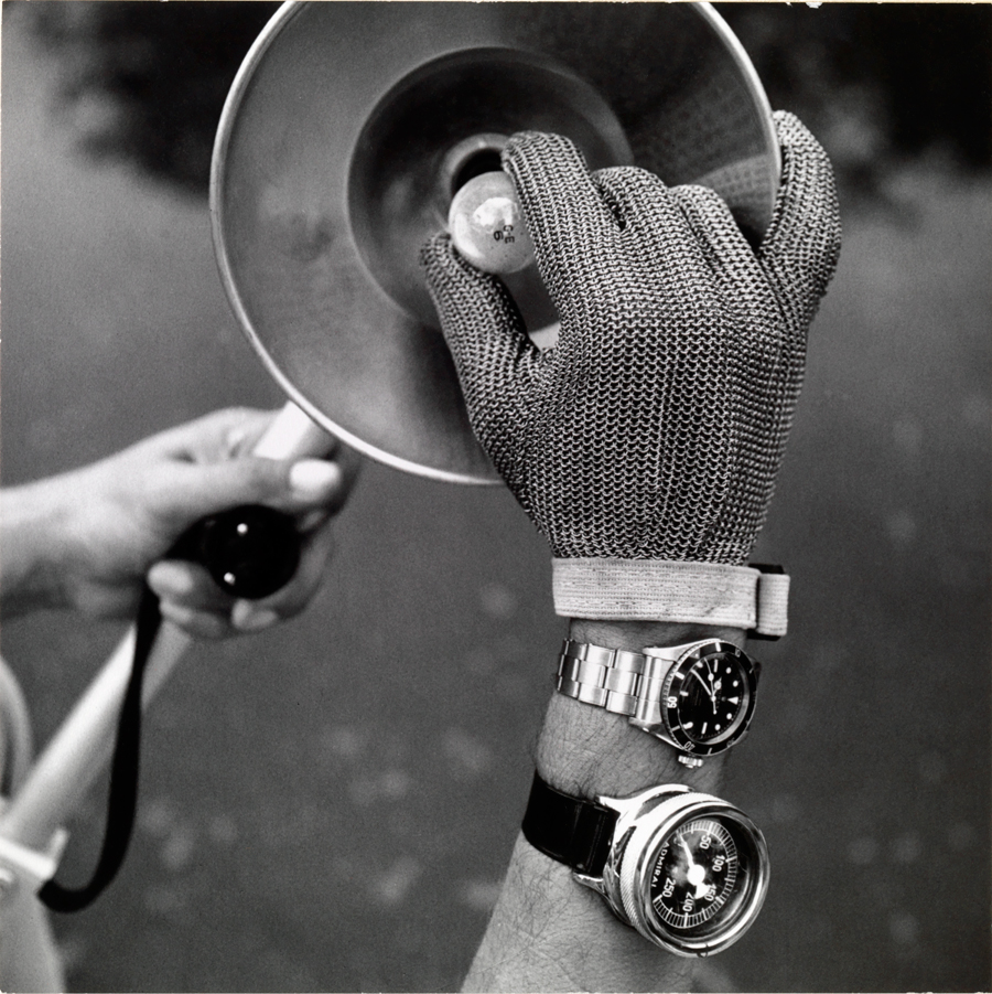 A metal-mesh glove protected a photographer’s hand while he changed flashbulbs during a shoot in Mexico’s Yucatan, 1959