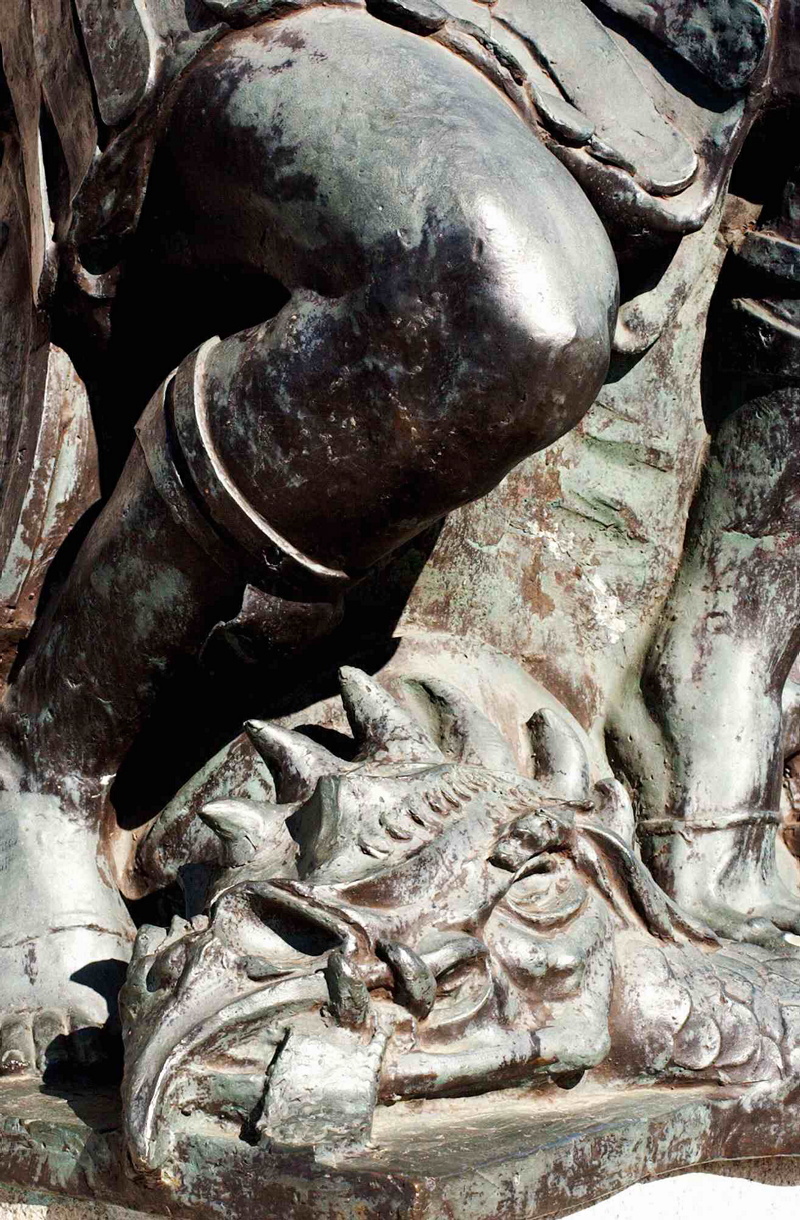 A close-up view of the dragon's head after it was killed by St George